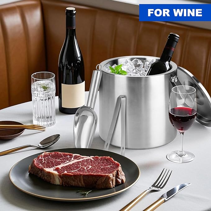 Ice Bucket, 3L Double Wall Insulated Ice Bucket with Lid,Scoop,Tongs- Inner Layer 304 Stainless Steel Ice Container Keep Ice Frozen Longer- Ideal for Cocktail Bar,Parties,Chilling Beer Win