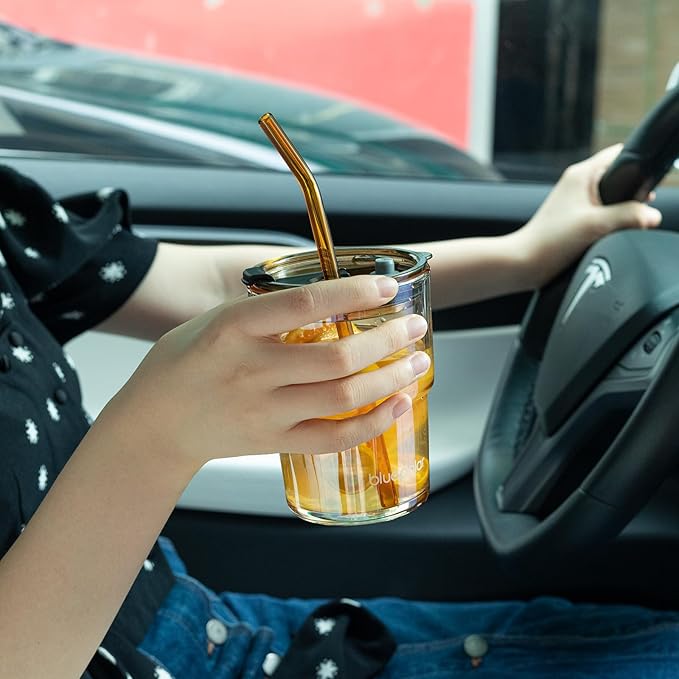 BLUEPOLAR 13oz/400ml Glass Water Tumbler with Straw and Lid Sealed Carry On Thick Wall Iced Coffee Cup Glass Cup for Water, Iced Tea Fruit Juice Etc (Amber)
