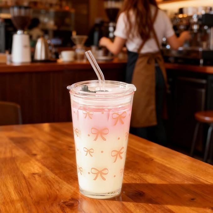 Olvini Coquette Cute Pink Bow Glass Cups with Lids and Straws, Aesthetic Iced Coffee Cups, Preppy Glass Cups, Coffee Tumbler, Matcha Cup, Teen Girl Gifts Trendy Stuff (Bow)