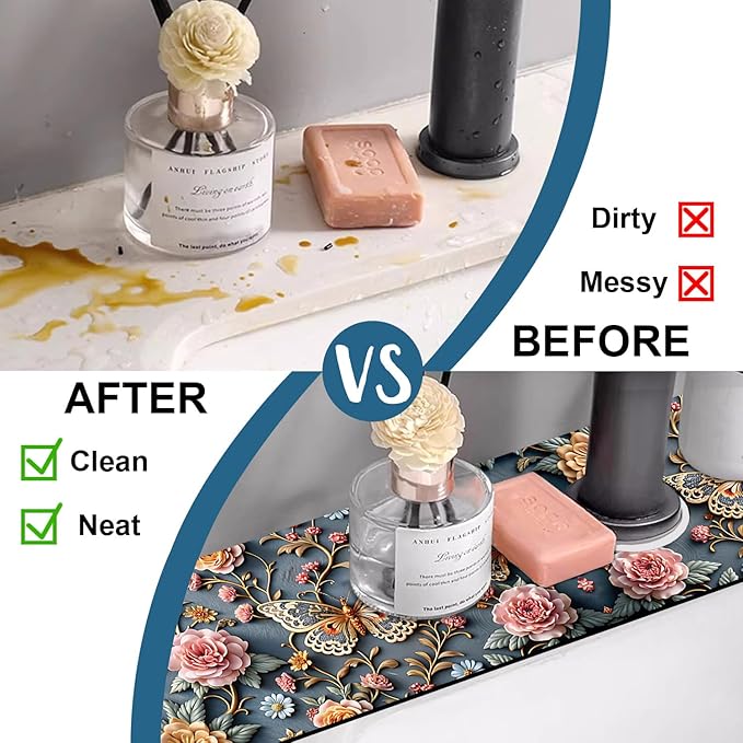 Gold Butterfly Kitchen Sink Splash Guard Faucet Mat Pink Floral Super Absorbent Fast Drying Mat Sink Splash Guard Behind Faucet for Kitchen Bathroom, 23.5"x5.5"