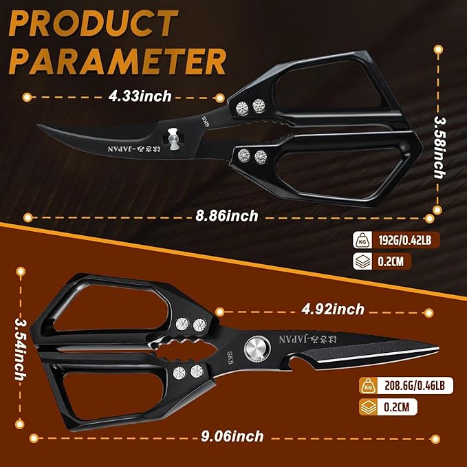 Huusk Kitchen Shears Set Black - Professional Seafood & Kitchen Scissors Set, Sharp Japanese-Style Meat Scissor for Crab, Shrimp, Lobster, Herbs and Food Prep, Christmas Gifts for Men Women