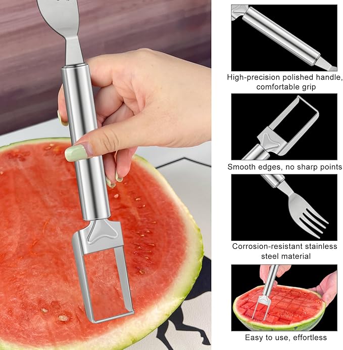 2-in-1 Watermelon Slicer & Fork – 3-Pack Stainless Steel Fruit Cutter Tool for Watermelon, Mango, Pitaya – Portable for Camping, Picnics, Home, Parties – Effortless Cubes & No Mess