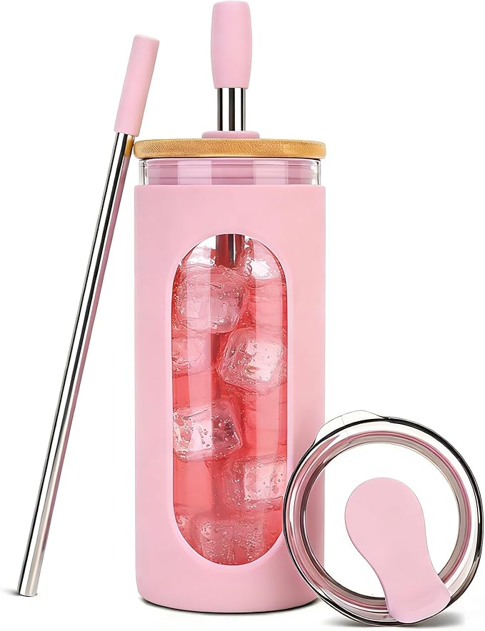 Sursip 20 oz Glass Tumbler with Lids and Straws, Reusable Borosilicate Glass Iced Coffee Cup with Bamboo Lid for Smoothie Boba Juice,Travel BPA-Free - Pink