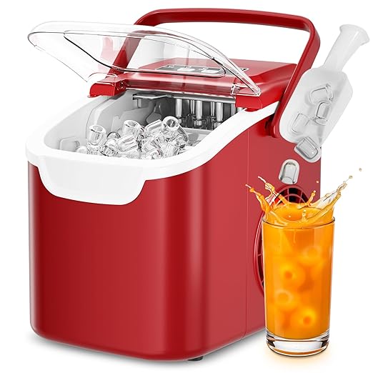 Antarctic Star Ice Maker Countertop, 8 Bullet Ice Cubes in 6 Mins, 26.5 lbs/Day, Self-Cleaning, 2 Sizes, Ultra-Quiet for Home/Kitchen/Camping/RV RED