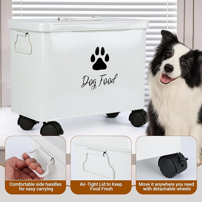 Dog Food Container 13lb, Cute Airtight Pet Food Storage Containers with Metal Lid Scoop, Black Metal Storage Bin for Dog/Cat with Wheels,Easy to Move White