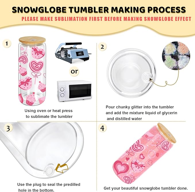 20 Oz Snow Globe Tumbler, 4 Pack Pre-Drilled Sublimation Glass Cup For Glitter Snow Globe Diy, Double Wall Sublimation Glass Tumbler