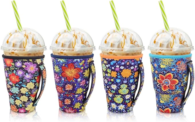 4Pack Reusable Iced Coffee Sleeve Insulator Sleeves for Cold Drinks Beverages, Neoprene Cup Holder for Most Coffee, Fits 30-32oz Large Cups (Abstract Flowers with Handle)