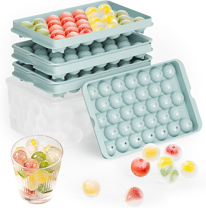 Round Ice Cube Trays for Freezer with Lid and Bin - 3 Stackable Trays Small Circle Ice Maker Molds, 99pcs Round Ice Balls for Chilling Whiskey, Cocktails, Coffee - Easy-Release Sphere Ice Tray