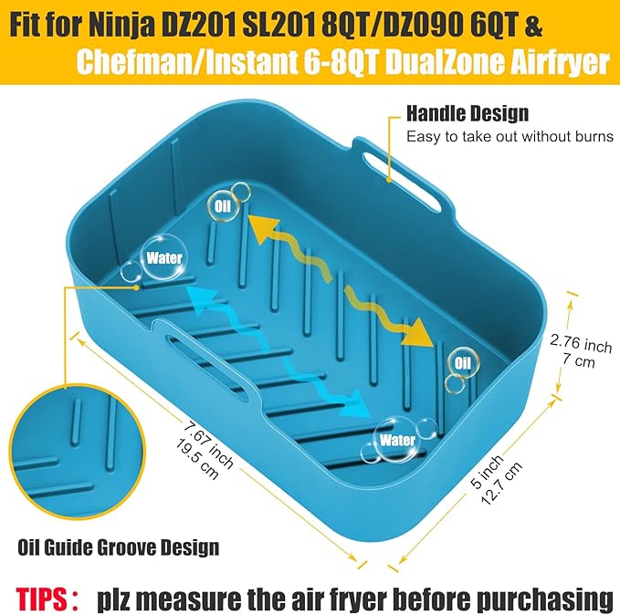 Air Fryer Liners Silicone for Ninja Foodi Dual DZ201/DoubleStack SL201 8QT, 2Pcs Reusable Airfryer Dual Basket for Chefman 6QT/Instant Vortex Plus XL 8QT | Non-stick | Easy Cleaning | Food Safe | Blue