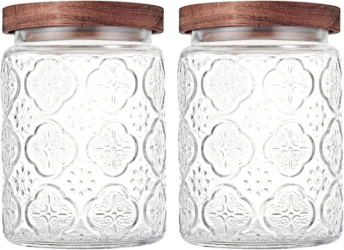Custde Glass Storage Jars With Airtight Lid, 23.7oz Container For Kitchen Counter with Wooden Lid, brown sugar, candy, coffee, cookie, salt, tea, cute Jar (Begonia Flowers*2)