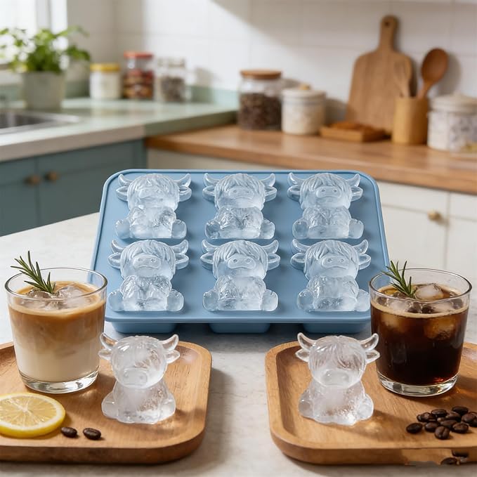 Mini Highland Cow Ice Cube Mold,Funny 3D Highland Cow Ice Cube Tray,Cute Animal Silicone Molds for Whiskey,Cocktails, Beer & Drinks, Novelty Cow Easter Molds Perfect Gifts for Friends(6-Cavity)