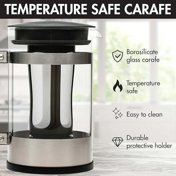 2-in-1 Coffee Maker, Make French Press Coffee and Cold Brew Coffee in One Coffee Maker, Comfort Grip Handle, Durable Glass Carafe, Perfect 6 Cup Size