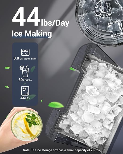 Nugget Ice Maker Countertop – 44 lbs/Day Pebble Ice Machine with 0.8 Gal Water Tank, 6-10 Mins Fast Ice, Self-Cleaning, Portable for Home, Camping, Kitchen, RV