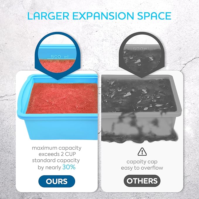 ZIP STANDING Silicone Freezer Trays with Lid,2-cup Soup Freezer Container large Ice Cube Molds with Reinforced Steel Ring Top for freezing Soup Sauce Broth Leftovers oven Dishwasher -Safe (red)