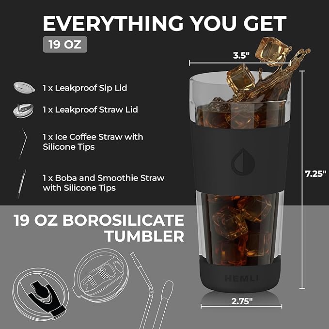 19 oz. Double Wall Glass Coffee Tumbler, To Go Travel Mug with Lid, Portable Glass Thermos with Straw, Reusable Cup, Tea, Smoothies, Ice Coffee, and Boba