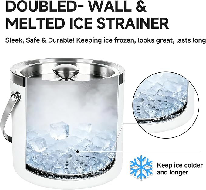 3L Double-Wall Insulated Stainless Steel White Ice Bucket with Scoop for Cocktail Bar - Metal Ice Bucket for Freezer with Lid for Parties,Camping,and More!Champagne Bucket,bar cart Accessories