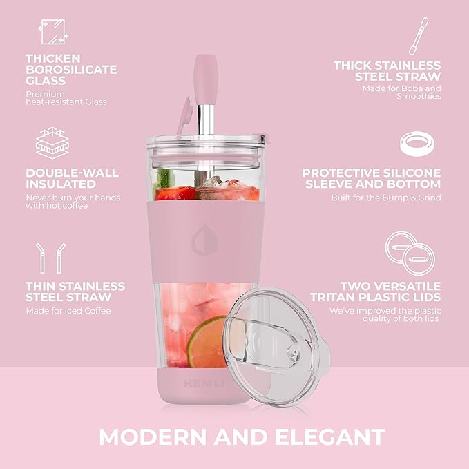 19 oz. Double Wall Glass Coffee Tumbler, To Go Travel Mug with Lid, Portable Glass Thermos with Straw, Reusable Cup, Tea, Smoothies, Ice Coffee, and Boba