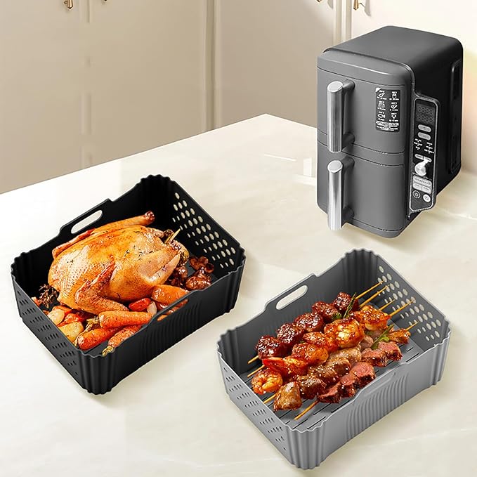 Silicone Air Fryer Liners for Ninja 10QT DoubleStack XL 2-Basket SL401 SL400 SL451 Airfryer,2PCS Reusable Rectangle Perforated Silicone Liners for Ninja DZ302 DZ401 DZ550 Dual Air Fryer Accessories