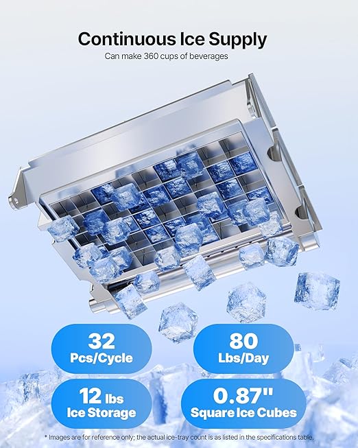 VEVOR Commercial Ice Maker Machine, 80 lbs/24h with 12Lbs Storage, 32 Cubes per Cycle, Stainless Steel Freestanding & Countertop Ice Maker with LED Display & Self-Cleaning, for Home Bar Restaurant