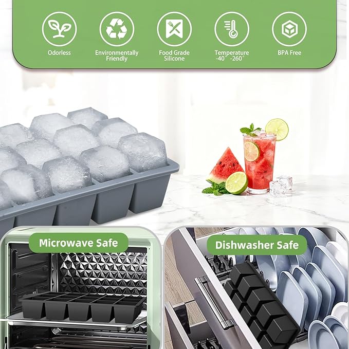 Ice Cube Trays for Freezer, 3 Pack Easy Release Slicone Ice Cube Tray with Lid, BPA Free Stackable Flexible Ice Mold 15 Square Reusable Ice Cubes for Whiskey, Baby Food, Ice Coffee (Grey+Blue+Green)