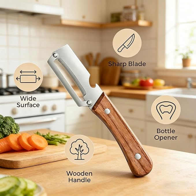 2-in-1 Multifunctional Vegetable Peeler with Wooden Handle & Stainless Steel Blade, Multifunctional Vegetable Peeler, Built-in Bottle Opener, Fruit & Vegetable Kitchen Peeling Tool (1Pcs)