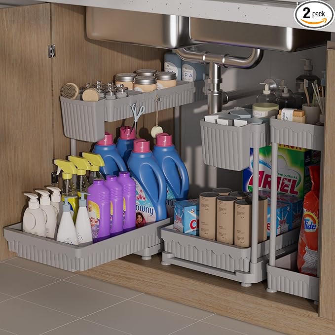 Sevenblue 3 Pack Multi-Purpose Under Sink Organizers and Storage, 2026 L-Shaped Pull Out Cabinet Organizer for Bathroom & Kitchen, Under Cabinet Organizer with Hooks Hanging Cup (Grey, 12.85 inch)