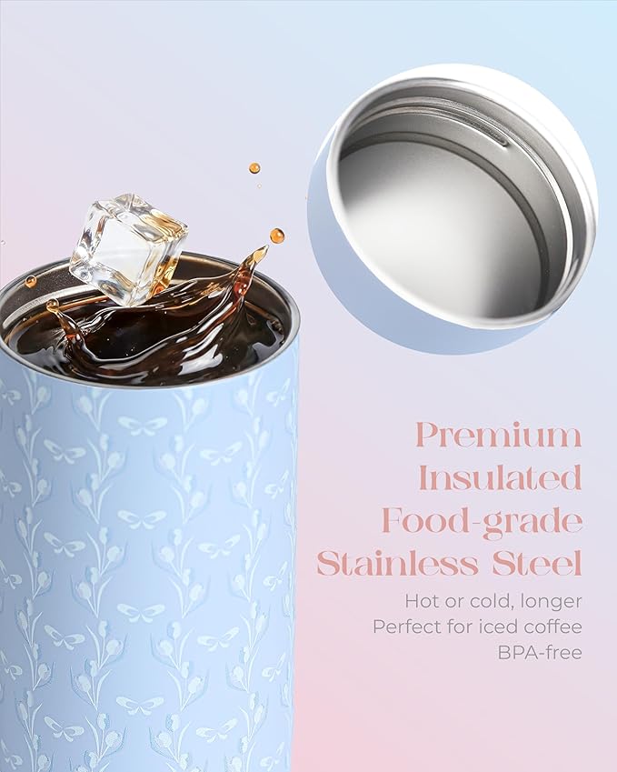 15 oz Stainless Steel Coffee Tumbler with Twist-Open Lid, Insulated Travel Mug for Iced Coffee Cold Brew and Warm Beverages, Leakproof, BPA-Free, Cup Holder Friendly, Bow Charm, Tulip Blue