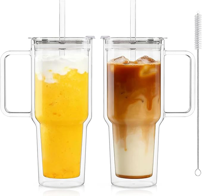 KEMORELA 2 Pack 28oz Double Wall Glass Tumblers with Handle, Lids & Straws – Large Insulated Clear Glass Coffee Cups for Iced Coffee, Matcha, Smoothies, Bubble Tea & Cold Drinks