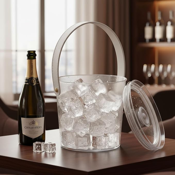Ice Bucket with Airtight Lid, Champagne Bucket with Handle, Plastic Beverage Tub for Parties, Bar Cart Accessories for Wine, Drink, Beer Bottles, Clear