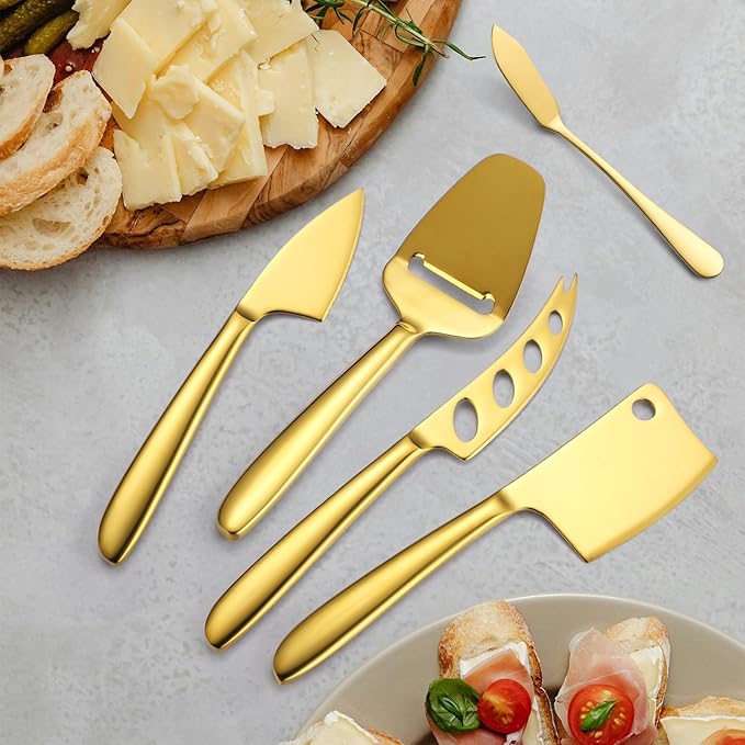 Gold Cheese Knives Silverware 8 Pieces include Dinning Knife Fork Spoon Stainless Steel Kitchen Cooking Gadget Tool Baking Utensils Multifunctional for Everyday Use and Parties