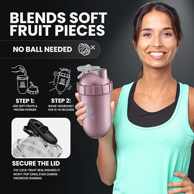 SHAKESPHERE Shaker Bottle - 24oz Leak Proof Protein Shaker Bottle for Pre Workout, Smoothie, and Powder Drink Mixes, No-Blade Mixer for Gym, BPA-Free, Easy Clean & Easy to Carry (Rose Gold)