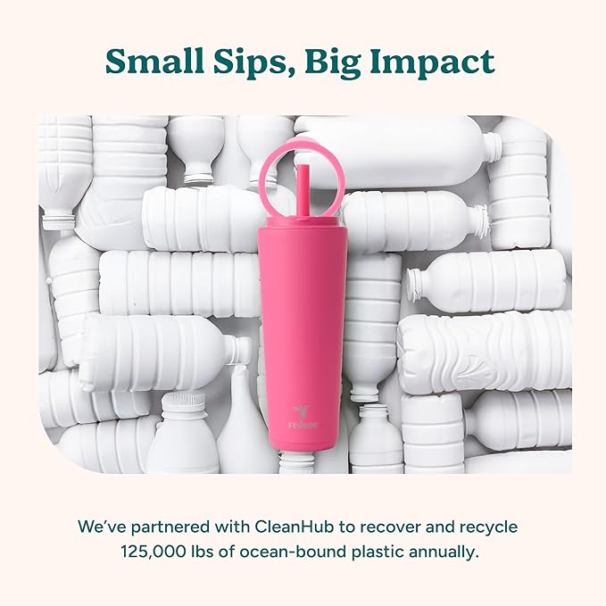 REDUCE Halo 24 oz Stainless Steel Vacuum Insulated Tumbler - Spill Proof Travel Mug with Flip Handle Lid - Keeps Drinks Cold for 32 Hrs - Dishwasher Safe - Cupholder Friendly - Pink Quartz