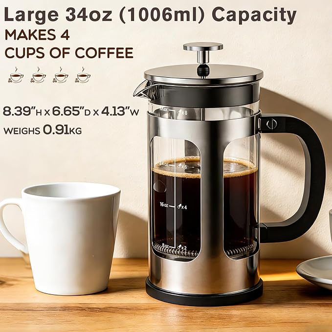 French Press Coffee Maker 34oz, Heat Resistant Thickened Glass Stainless Steel Brewer, No Plastic Touching Cafe, 4-Level Filtration, Cold Brew Cafe/Tea Pot for Kitchen Camping Travel, Gifts, Bar