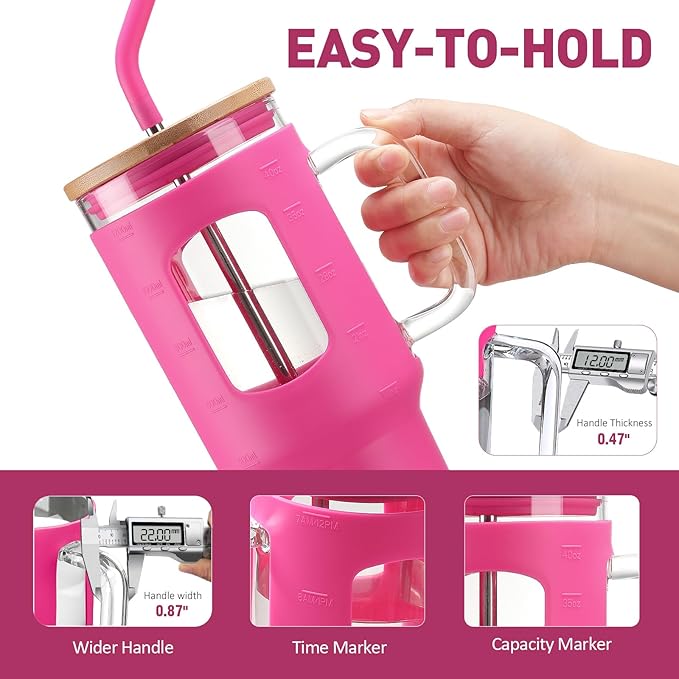 WINSA Glass Tumbler with Straw and Lid, 40 oz glass cup with handle, Glass Water Bottles with Time Marker, Silicone Protective Sleeve-Rose Red