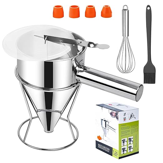 Pancake Batter Dispenser,40oz Stainless Steel Funnel Cake Dispenser,with Lids,Stand,4 Silicone Nozzles,Brush,Egg Beater,Easy Control Batter Dispenser for Pancakes,Cupcakes, Funnel Cakes,Muffins & More