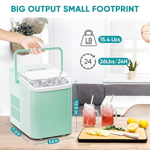 NEWBULIG Ice Makers Countertop with Handle, Portable Ice Machine, 9 Bullet Ice Cubes in 6 Mins, 26lbs in 24Hrs, Auto-Cleaning, with Basket and Scoop, for Home, Kitchen, RV, Camping,Green