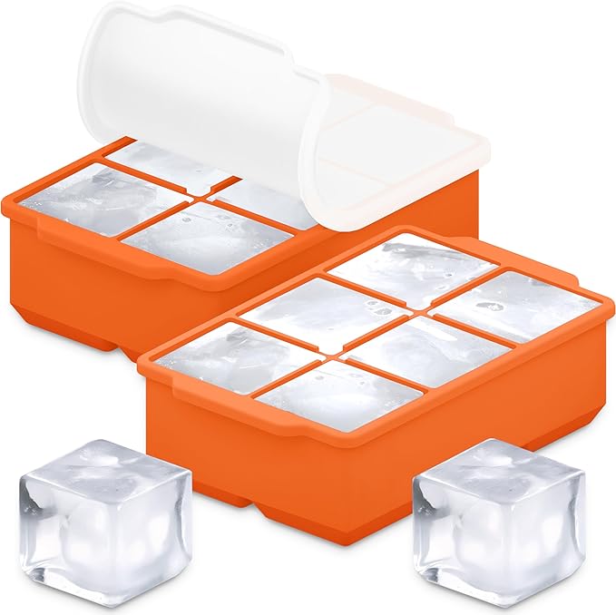 KitchFort Large Silicone Ice Cube Tray (2-Pack), Easy Release 2" Big Ice Cubes - Cocktail, Whiskey Ice Cubes Mold - Ice Trays for Freezer with Lid - Stackable Silicone Ice Tray - Orange