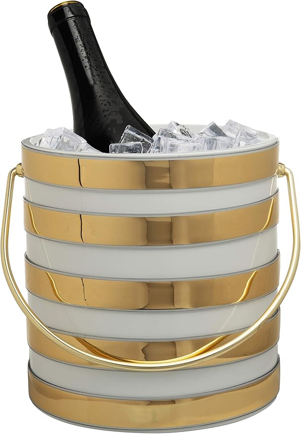 Made In USA Metallic Deco Collection Double Walled Insulated Ice Bucket With Ice Tongs (3-Quart, White & Gold Stripes)