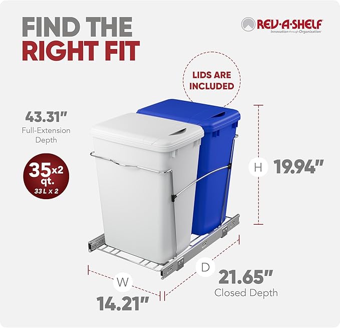 Rev-A-Shelf RV-18KD-11RC-S Double Pullout Trash Can for Kitchen Cabinets 35 Qt Garbage Recycling Bin on Full Extension Slide, Blue/White