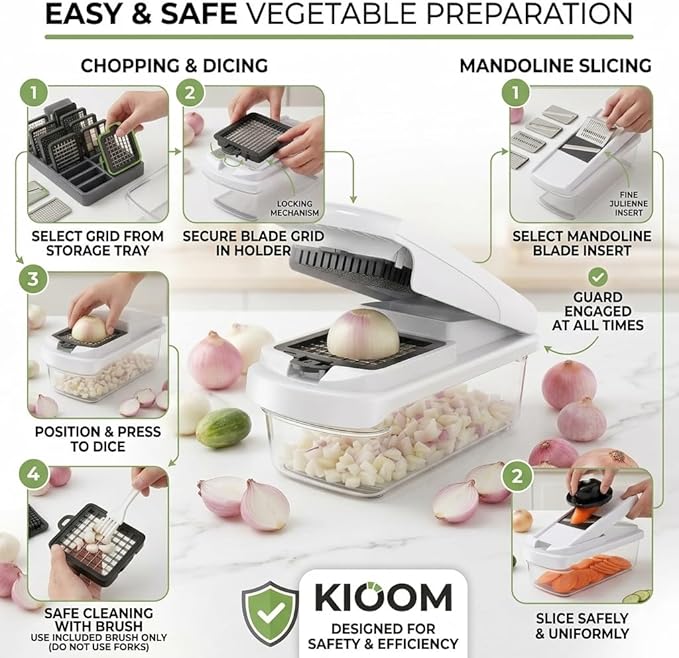 Vegetable Chopper with Container – 15 in 1 Onion Chopper Dicer & Vegetable Dicer – Manual Veggie Slicer, Mandoline Slicer, Potato Cutter & Food Chopper for Kitchen
