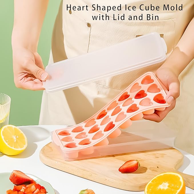 2 Pack Heart-Shaped Ice Cube Trays with lid and bin - 48 Holes Silicone Mini Heart Ice Cube Tray, BPA Free and Dishwasher Safe, Heart Shape Ice Cube Mold, Easy to Remove (2 pink with Lids & Bins)