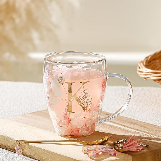 Personalized Gift for Women Double Wall Flower Glass Coffee Mug Tea cup With Spoon Monogrammed Customized Gifts Christmas Valentine Mother's Day Birthday Gifts for Mom Her Wife Friend Bride Sister(K)