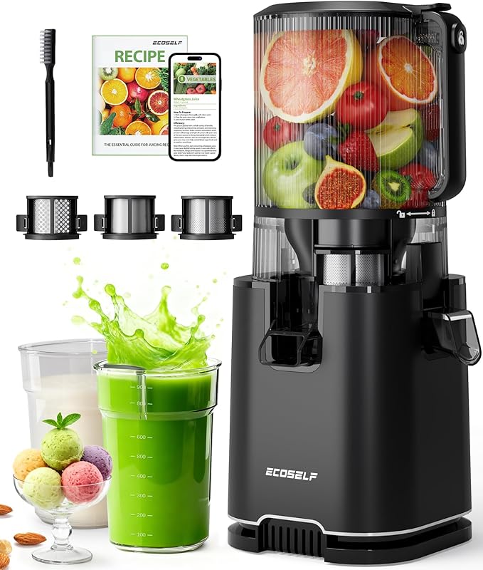 ECOSELF Juicer with 3 Filters (Juice/Sorbet/Nut Milk), Juicer Machines With 6.0" Wide Mouth Hopper, Self Feeding & Hands-Free Design, Cold Press Juicer for Family Party, High Juice Yield, With Brush