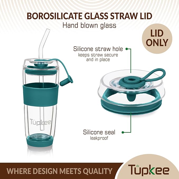 Tupkee Double Wall Glass Tumbler Straw Lid - For Hand Blown Glass Travel Mug, 14-Ounce & 8-Ounce, Cyan