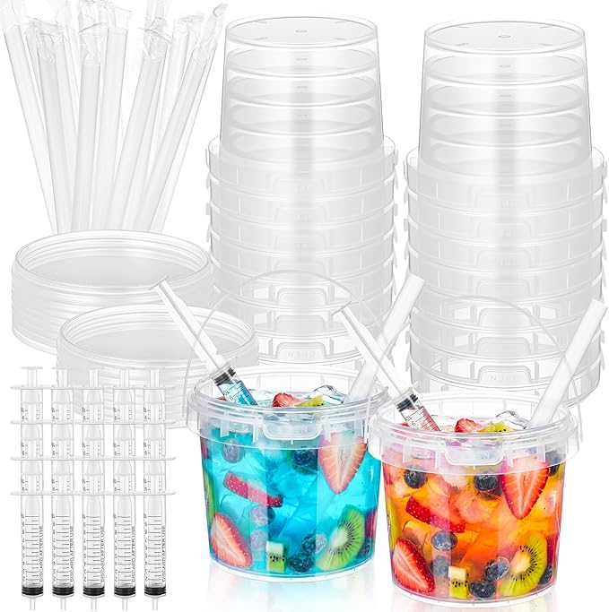 Willinglong 20 Sets 25oz Clear Plastic Drink Buckets Rum Buckets for Drink with Straws, Lids and Beverage Syringes Reusable Iced Coffee Cups for Rum Wine Beer Cocktail Beverage Lemonades