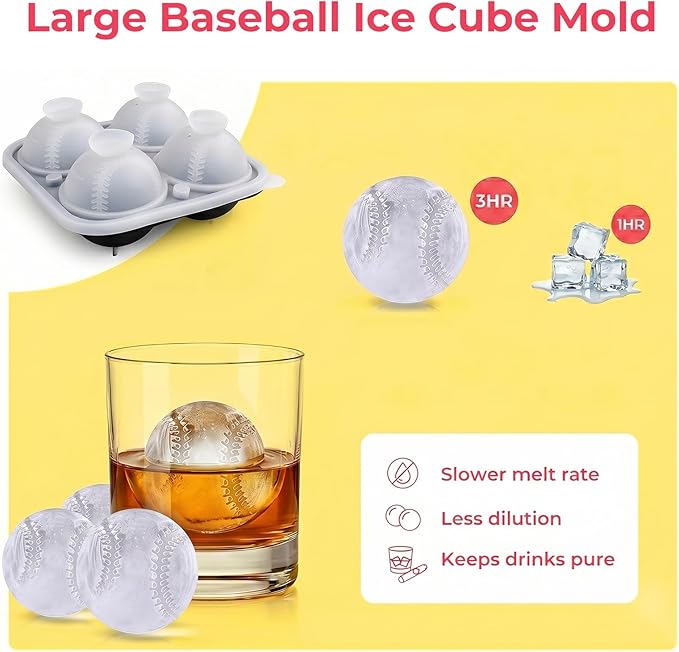 Large Ice Cube Tray,Silicone Ice Cube Trays for Freezer with Lids & Funnel,2.5 Inch Reusable Big Round Ice Cube Mold Ball Maker for Gifting,Whiskey,Cocktails and Drinks,Easy Release (Baseball)