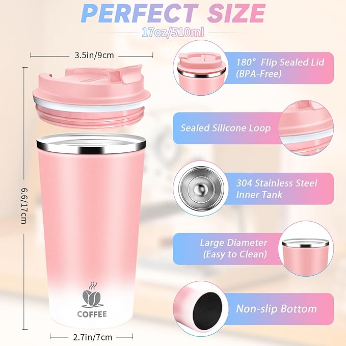 Insulated Travel Coffee Mug Reusable Coffee Tumbler Cup with Flip Lid Leak Proof Spill Proof for Office School Party Camping Hot and Cold Drink,Stainless Steel 17oz (Pink)