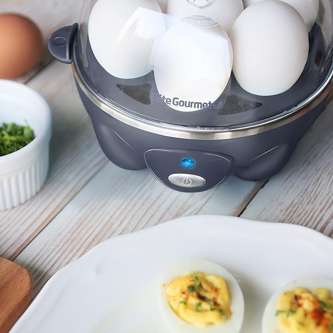 Elite Gourmet EGC710BG Rapid Egg Cooker, 7 Easy-To-Peel, Hard, Medium, Soft Boiled Eggs, Poacher, Omelet Maker, Auto Shut-Off, Alarm, 16-Recipe Booklet, BPA-Free, Slate Blue