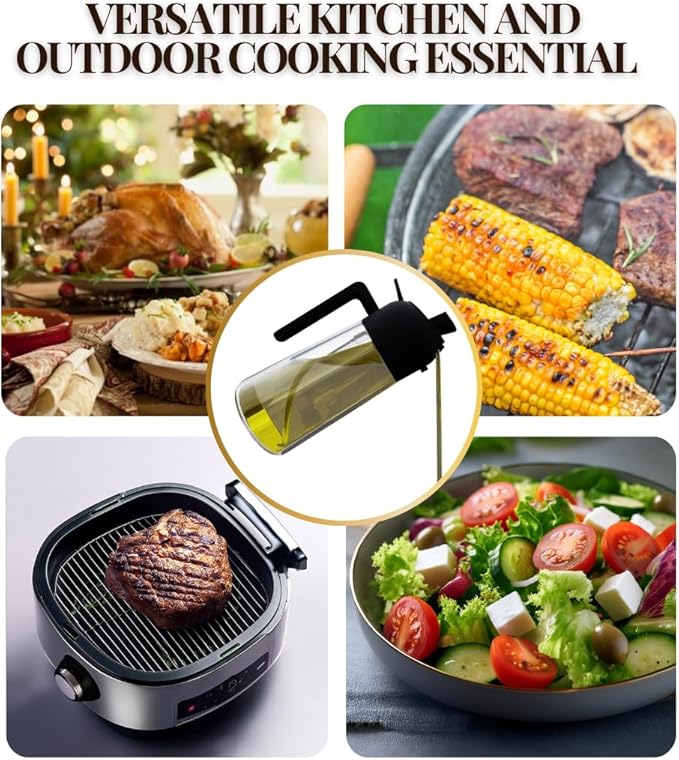 2-in-1 Oil Dispenser and Sprayer, 16oz/470ml Glass Olive Oil Spray Bottle for Cooking, Leakproof and Refillable Oil Mister for BBQ, Salad, and Baking (Black)