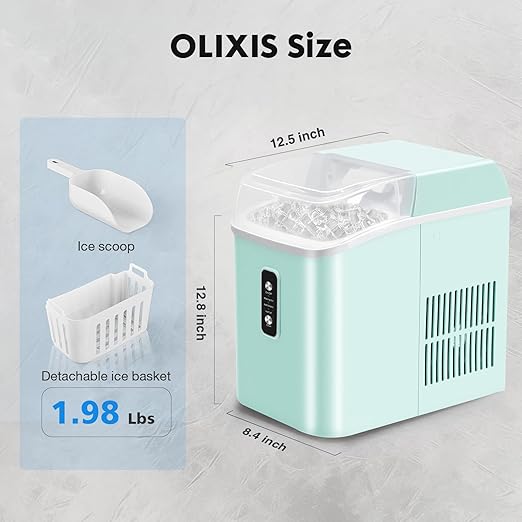 OLIXIS Nugget Ice Maker Countertop, Portable Ice Machine with 1.7L Water Tank, 26LBS/24H Fast Production, Auto-Cleaning & Quiet Operation, with Basket & Scoop, for Home Party Camping RV, Green